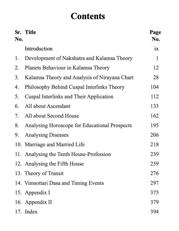 Kalamsa & Cuspal Interlinks Theory book index